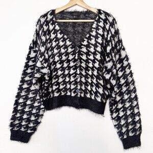 Forever 21 Clueless Cozy Eyelash Knit Crop Sweater Houndstooth Button Cardigan L